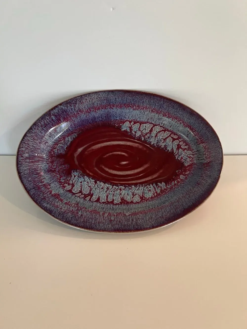 Jason Silverman Signed Glazed Ceramic Unique Decorative Plate Blue & Red